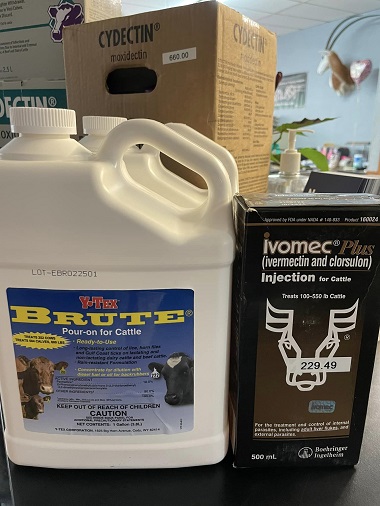 Y-Tex BRUTE Pour-on for Cattle, Ivomec Plus Injection for cattle, and a box of Cydectin cattle wormer